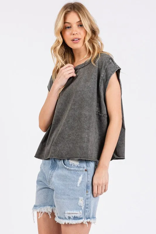 Dark Gray Round Neck Cap Sleeve T-Shirt