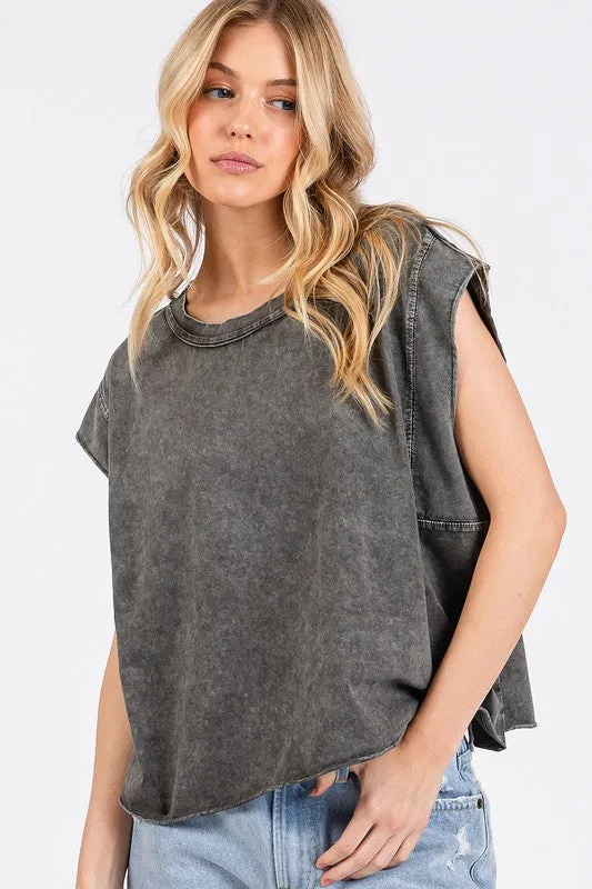 Dark Gray Round Neck Cap Sleeve T-Shirt