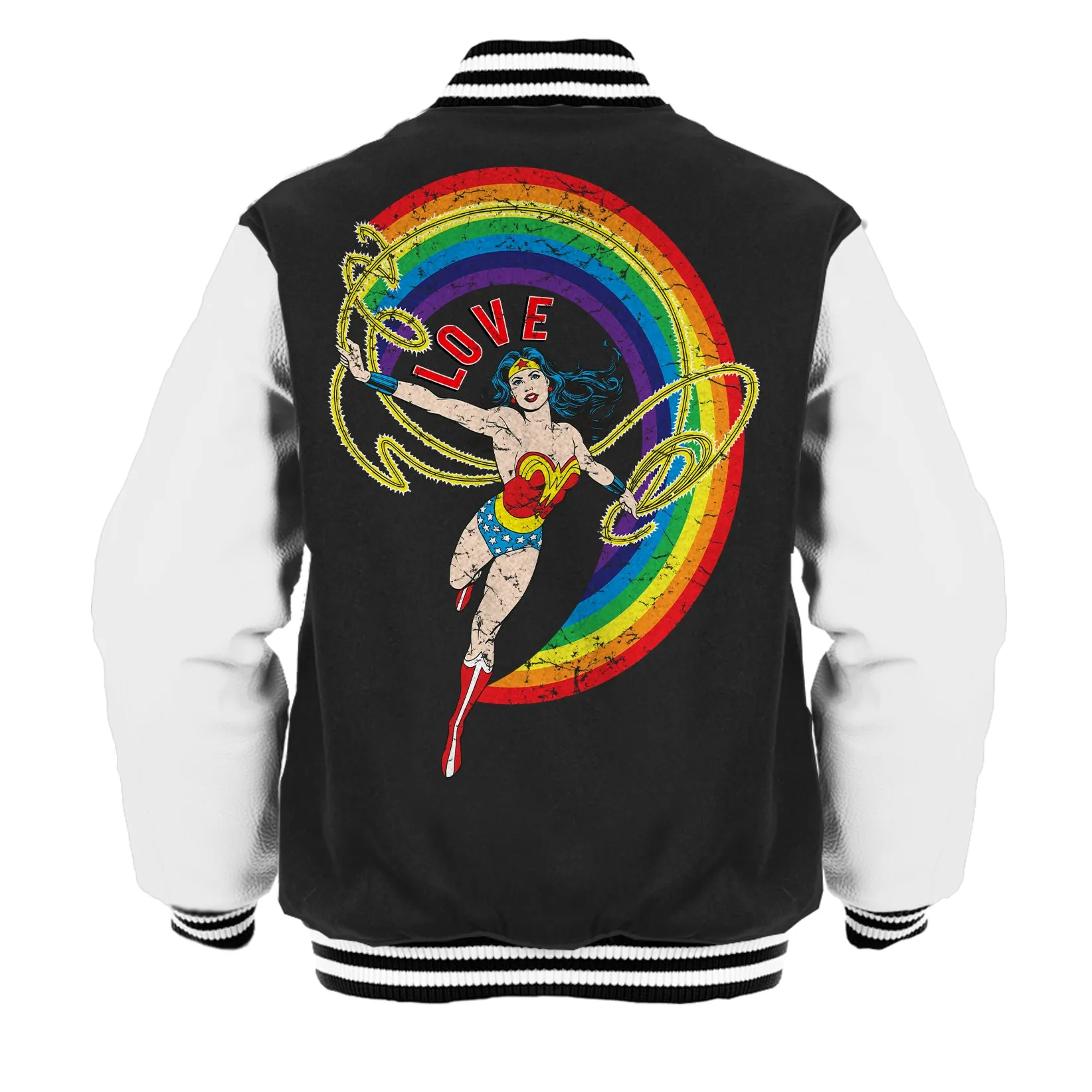 DC Comics Wonder Woman Rainbow Love Official Varsity Jacket (Black)