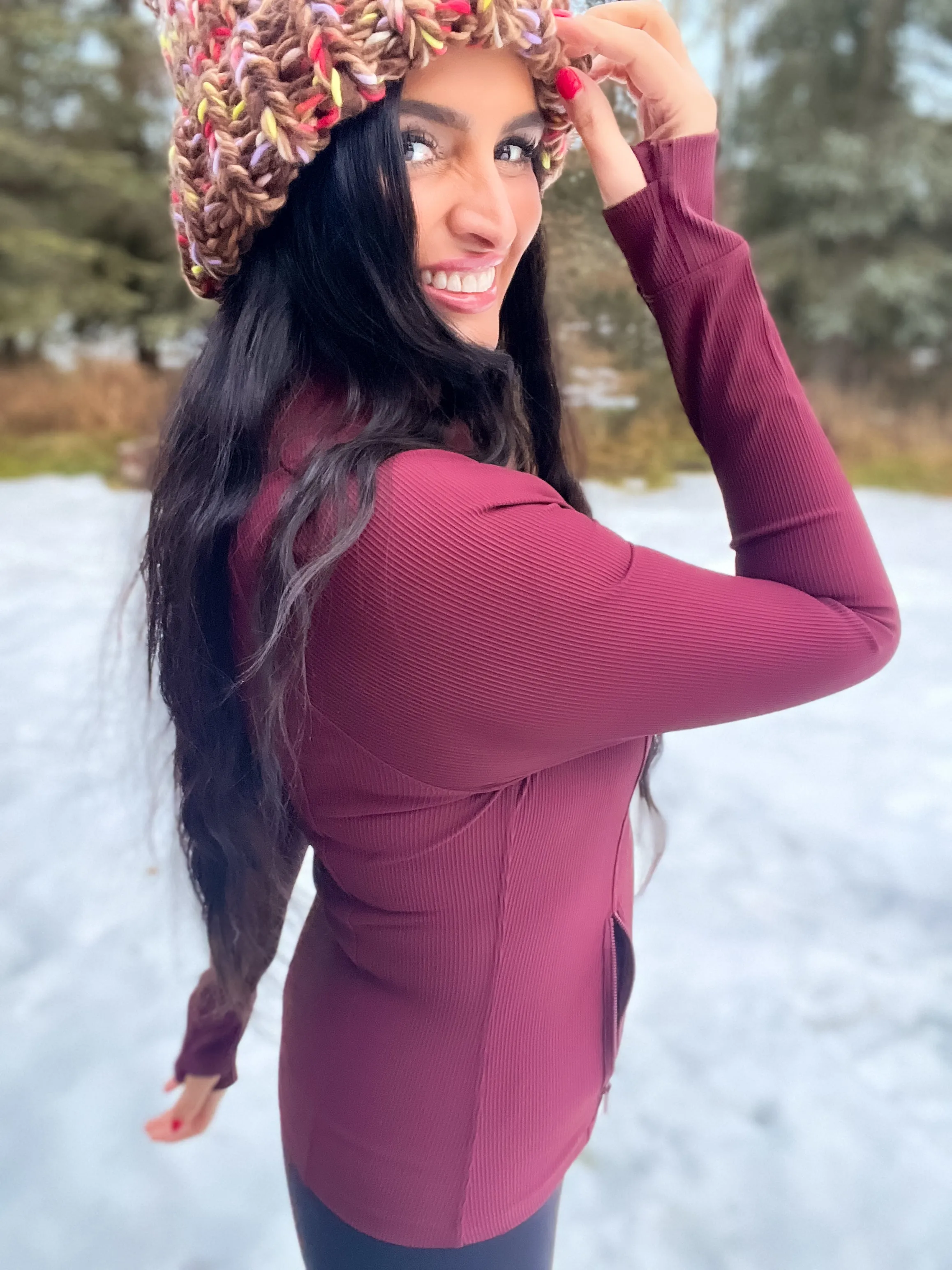 Define Ribbed 2X2 Nylon Active Jacket- Burgundy