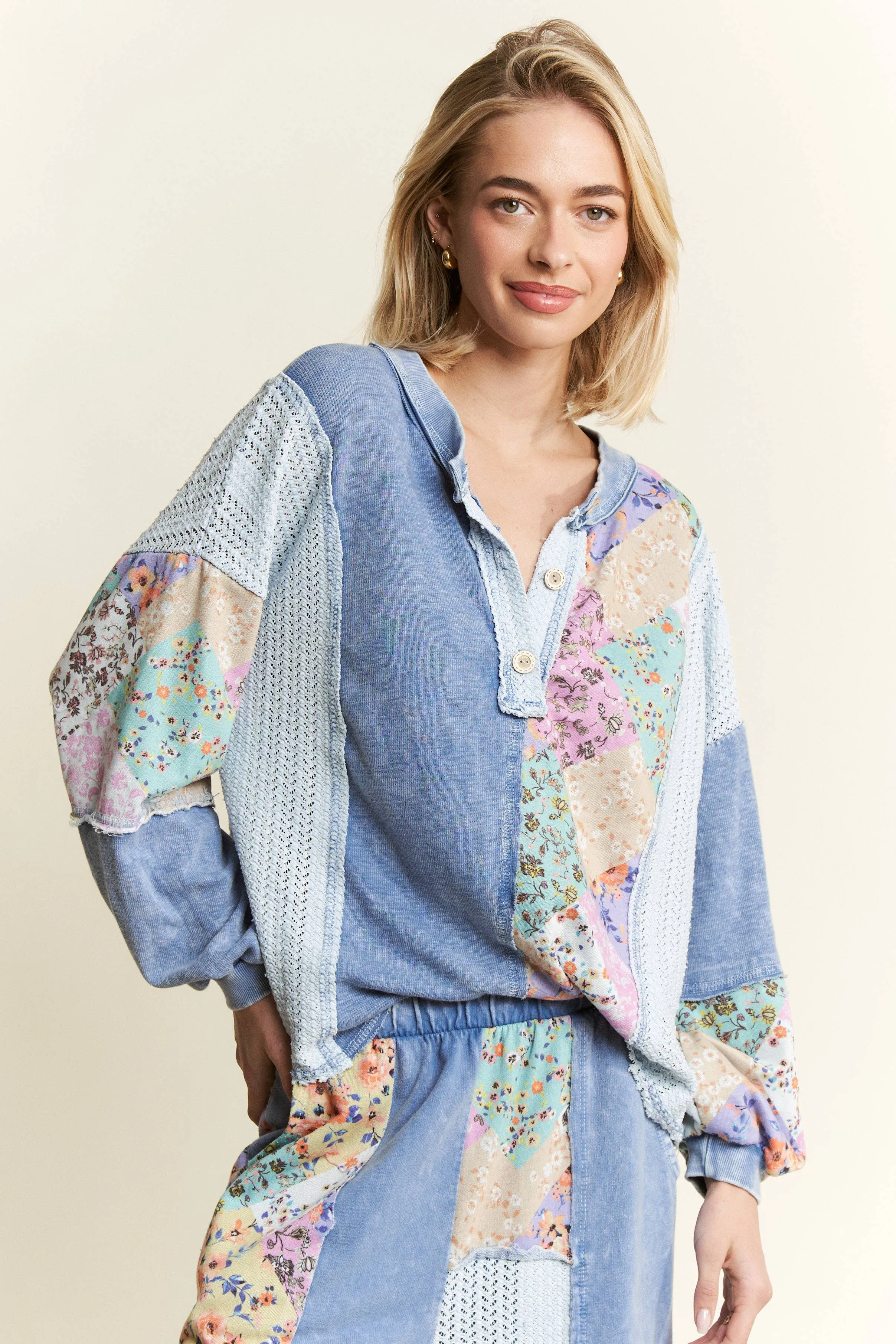 Denim Blue Mineral Washed Floral Wave Knit Jacquard Boho J.Her top