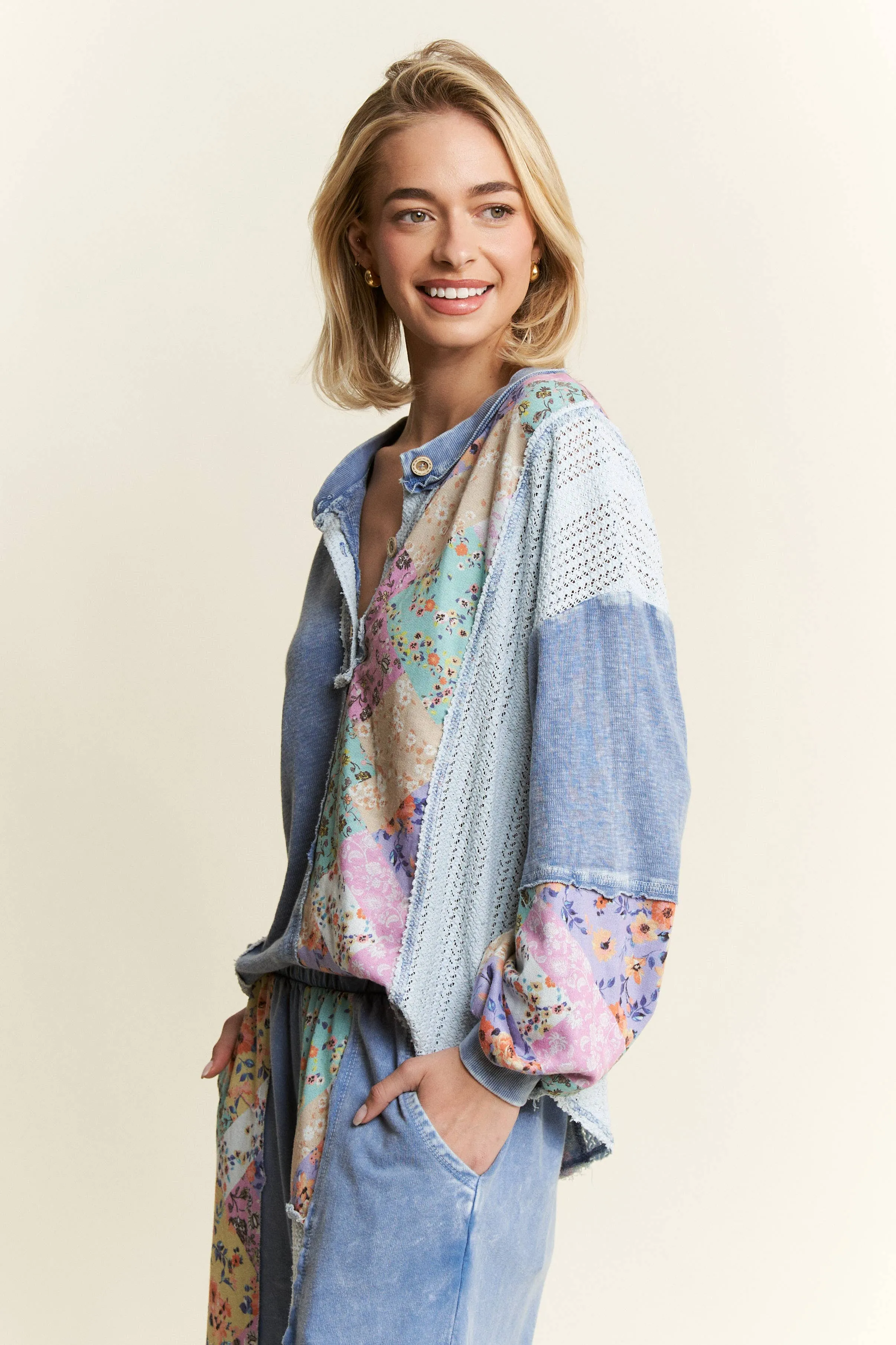Denim Blue Mineral Washed Floral Wave Knit Jacquard Boho J.Her top