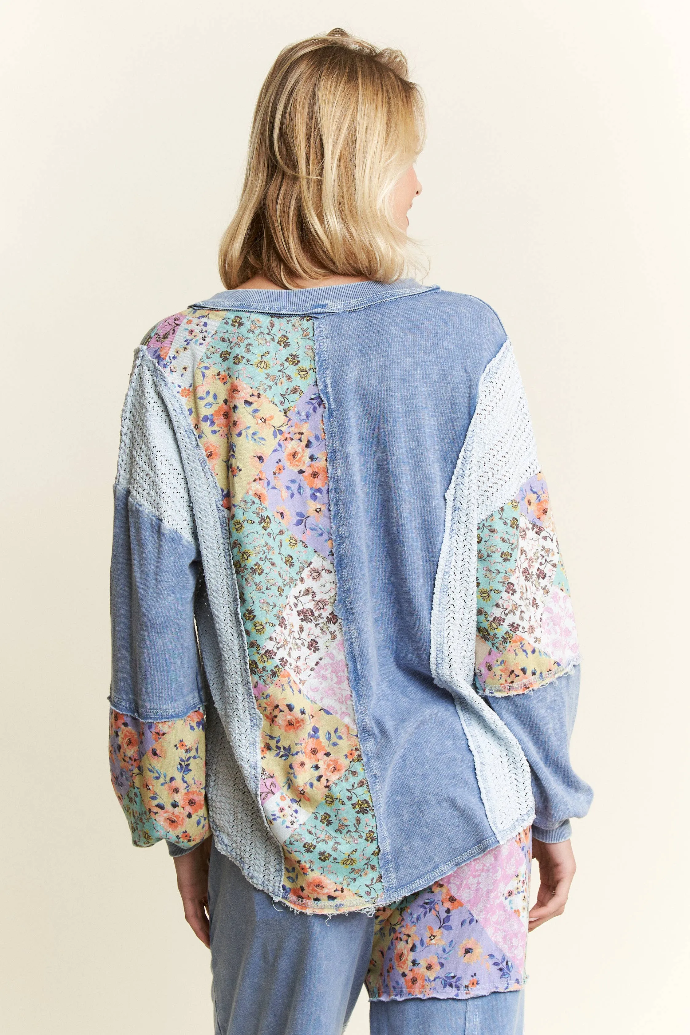 Denim Blue Mineral Washed Floral Wave Knit Jacquard Boho J.Her top