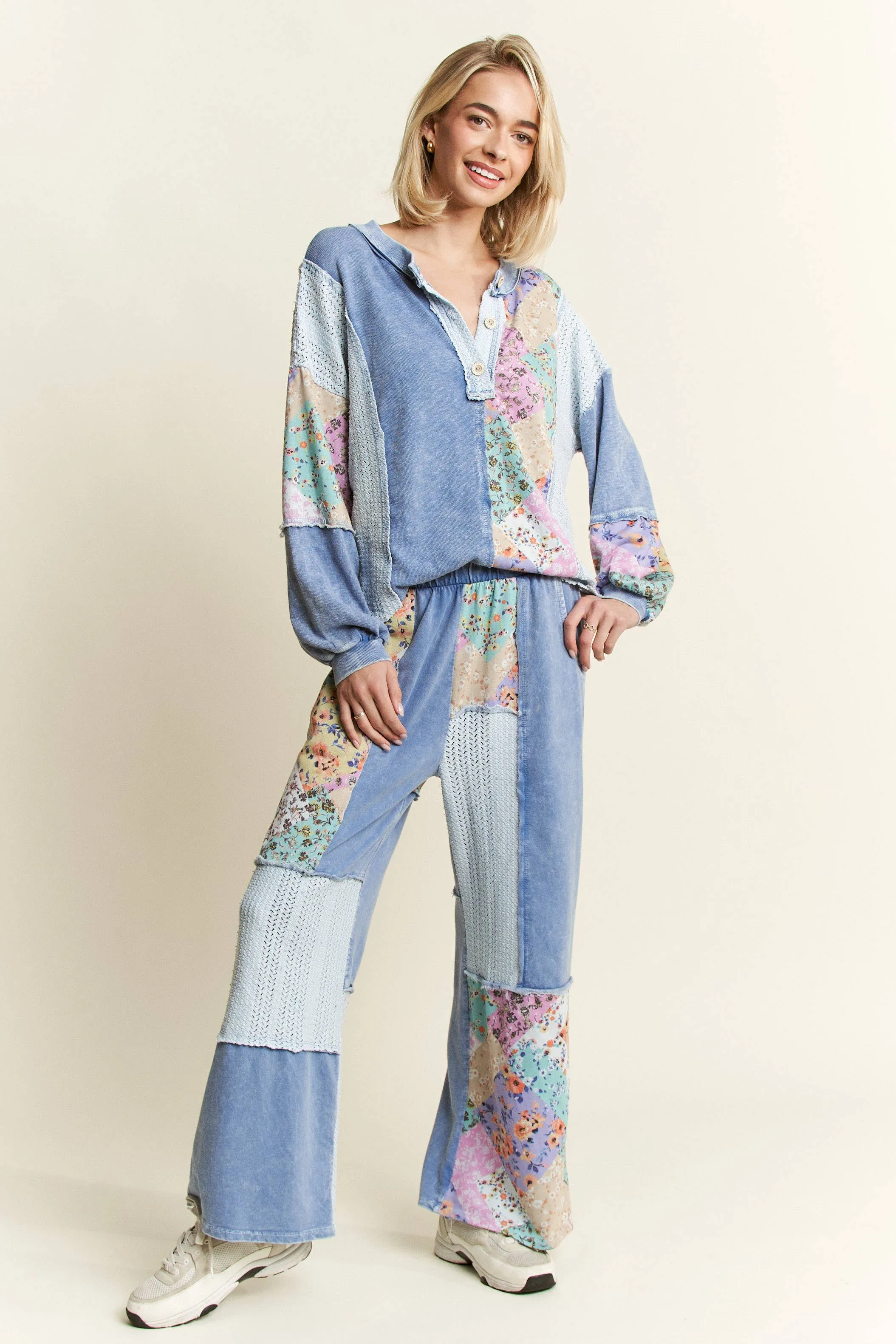Denim Blue Mineral Washed Floral Wave Knit Jacquard Boho J.Her top