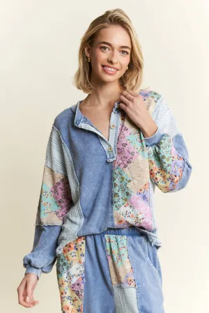 Denim Blue Mineral Washed Floral Wave Knit Jacquard Boho J.Her top