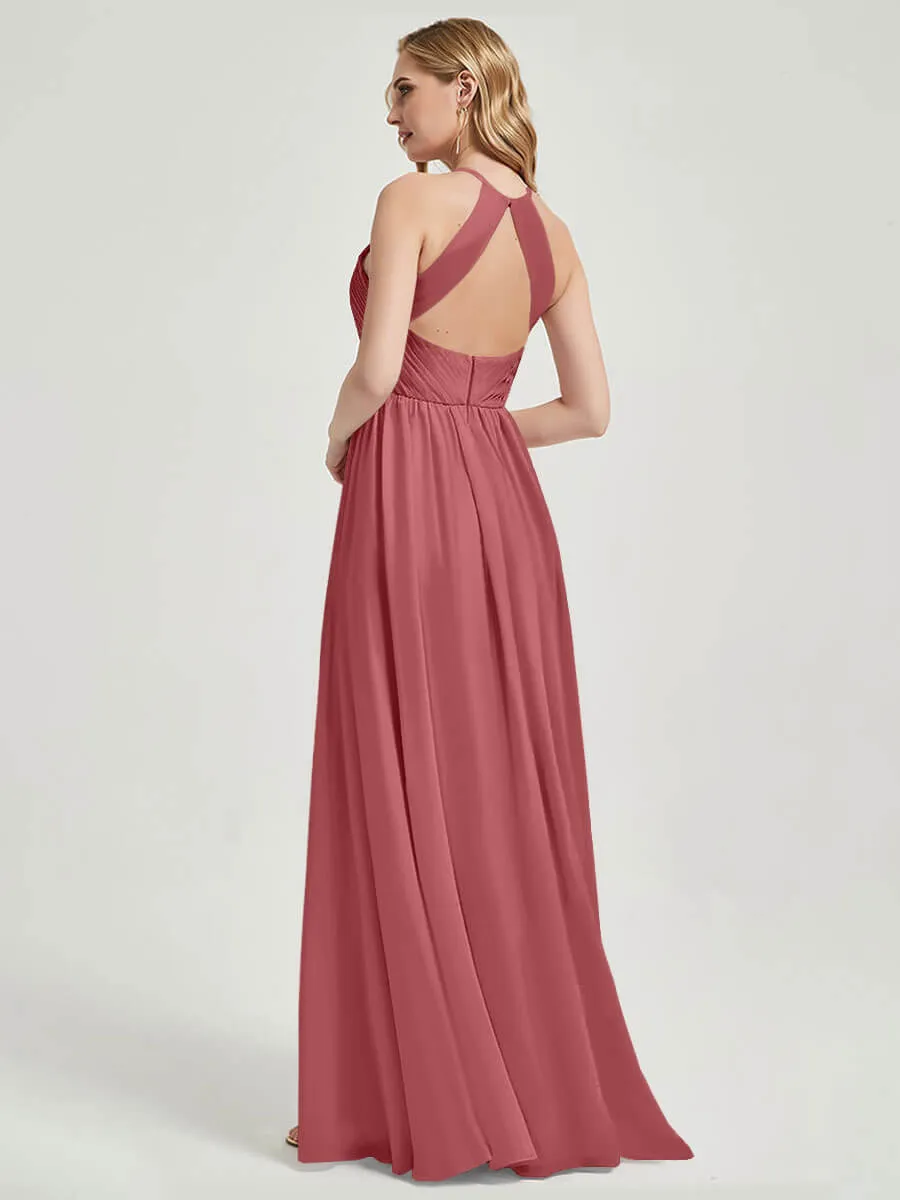 Desert Rose Halter Pleated Keyhole Back Chiffon Bridesmaid Dress