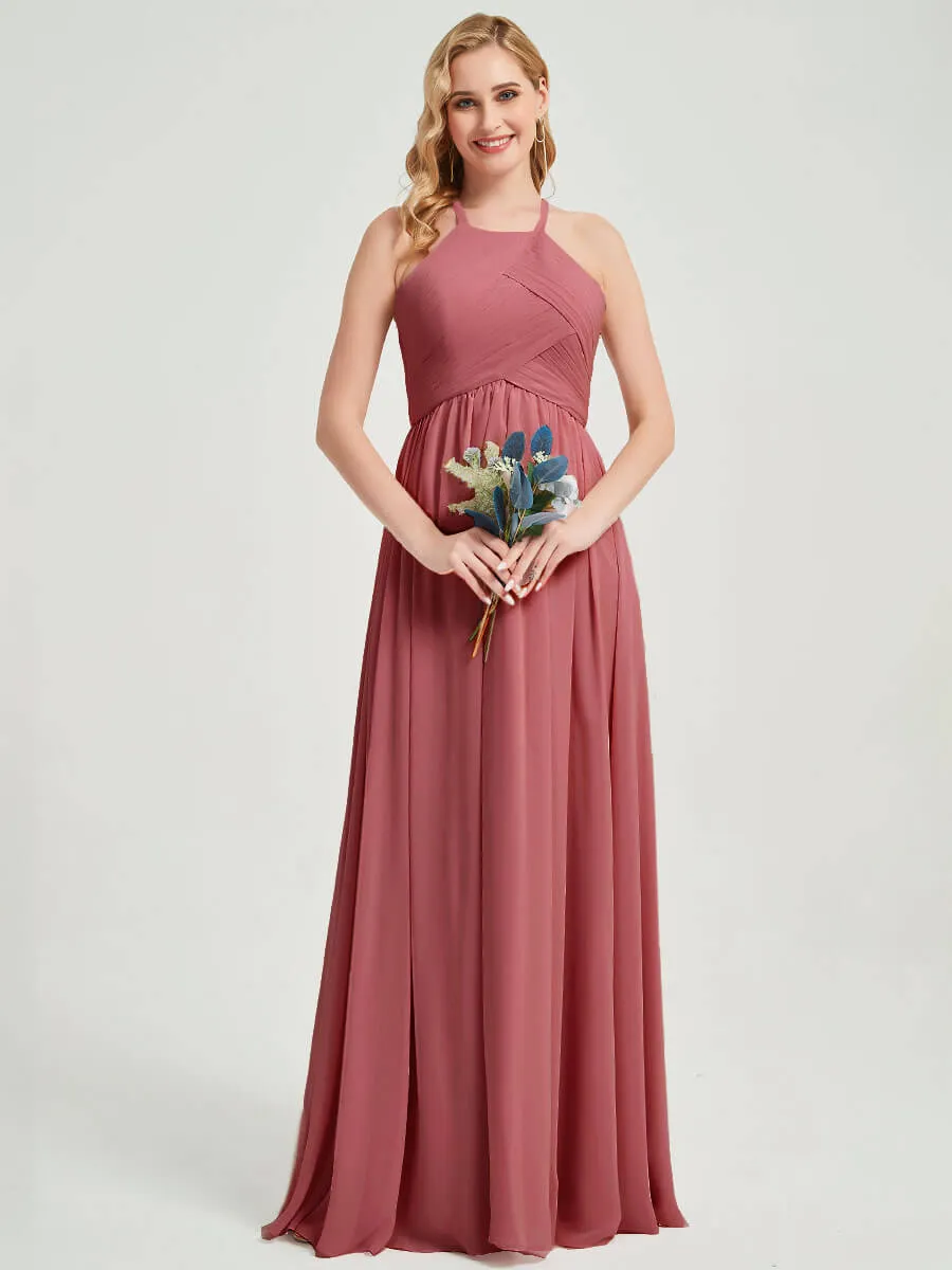 Desert Rose Halter Pleated Keyhole Back Chiffon Bridesmaid Dress