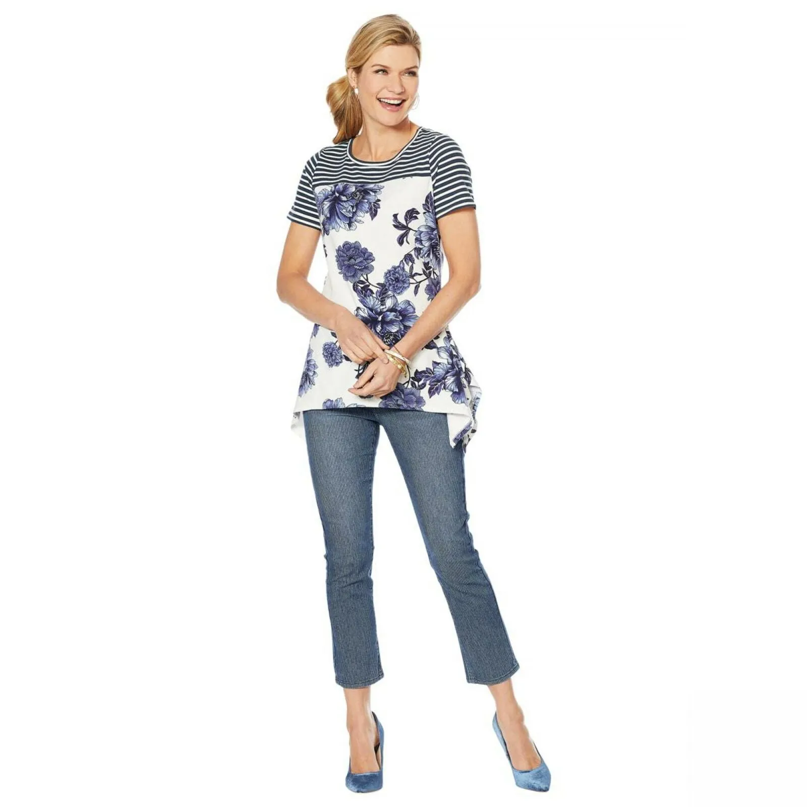 DG2 by Diane Gilman Floral and Stripe Scarf Hem T-Shirt Navy Small