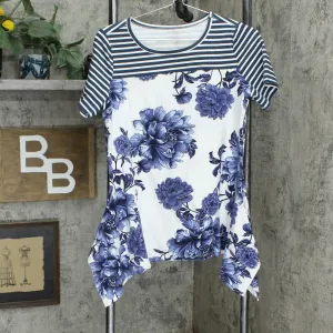 DG2 by Diane Gilman Floral and Stripe Scarf Hem T-Shirt Navy Small