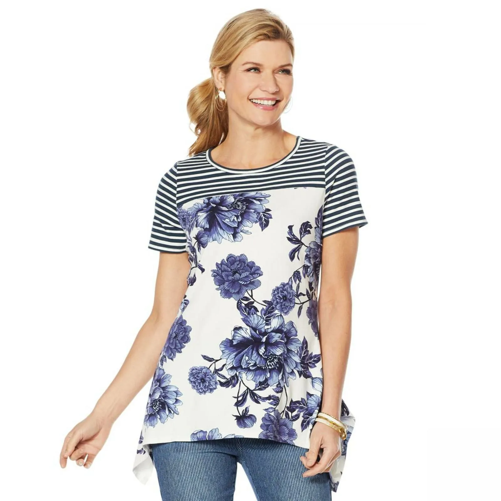 DG2 by Diane Gilman Floral and Stripe Scarf Hem T-Shirt Navy Small