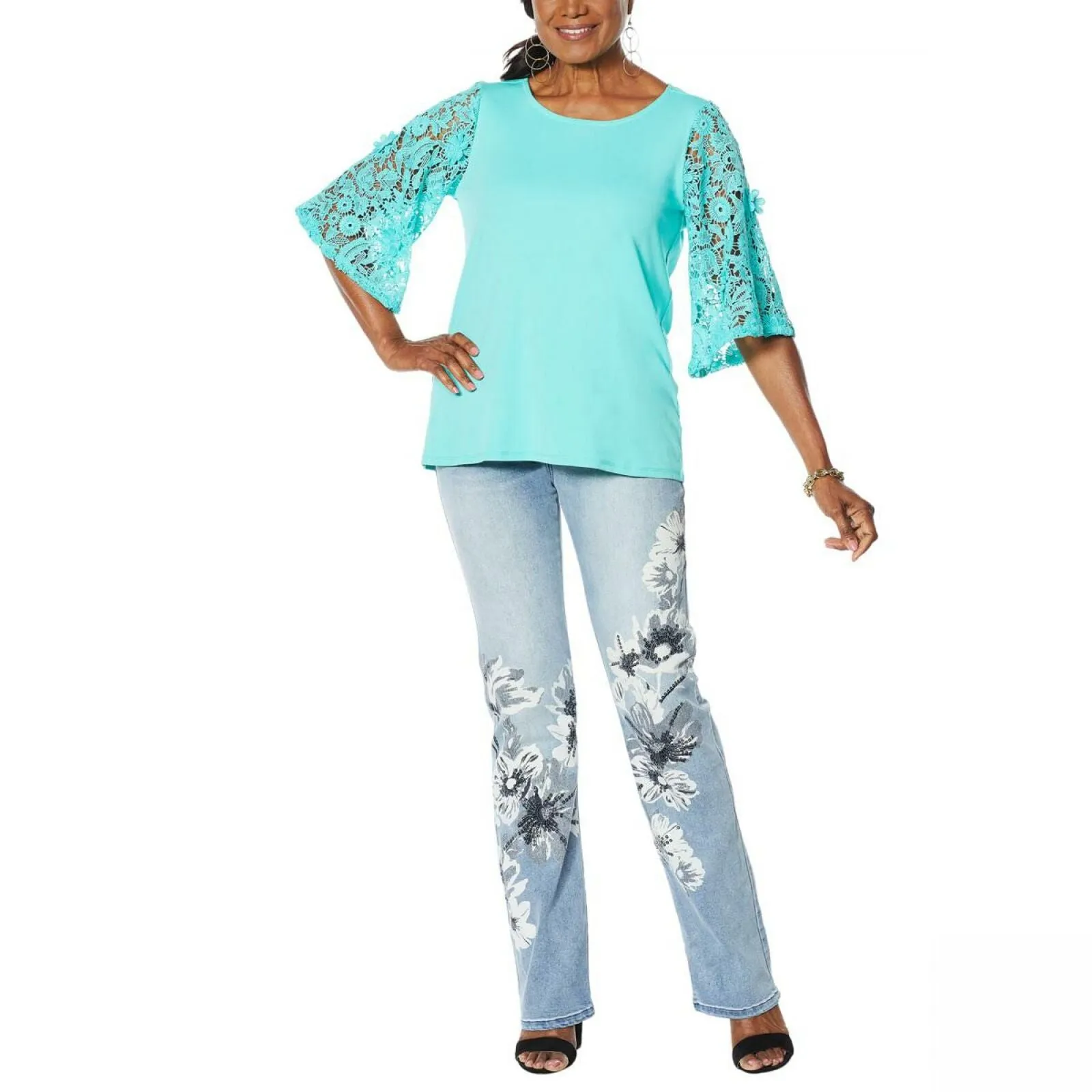 DG2 by Diane Gilman Lace Half Sleeve Knit Top