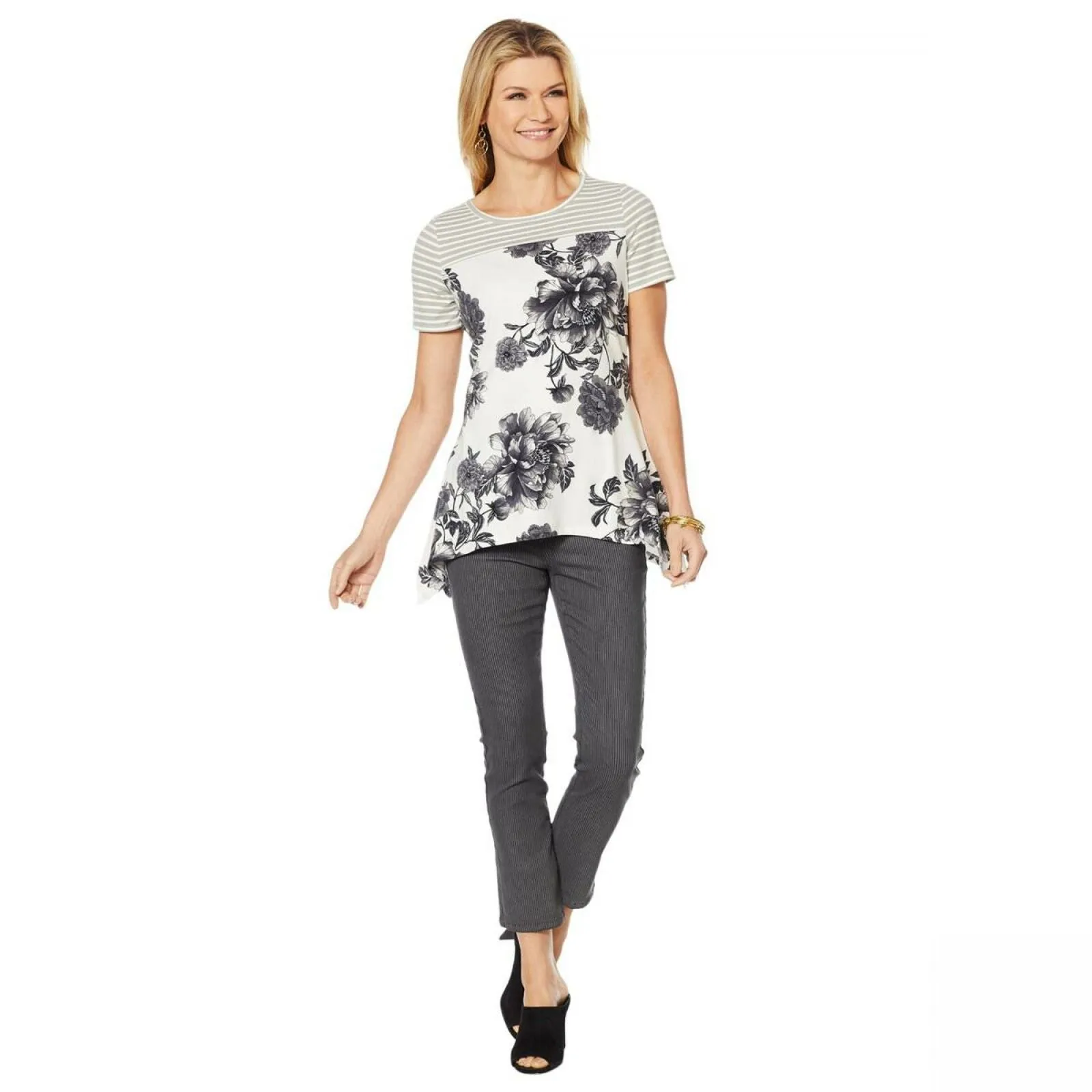 DG2 by Diane Gilman Women's Plus Size Combo Print Scarf Hem T-Shirt
