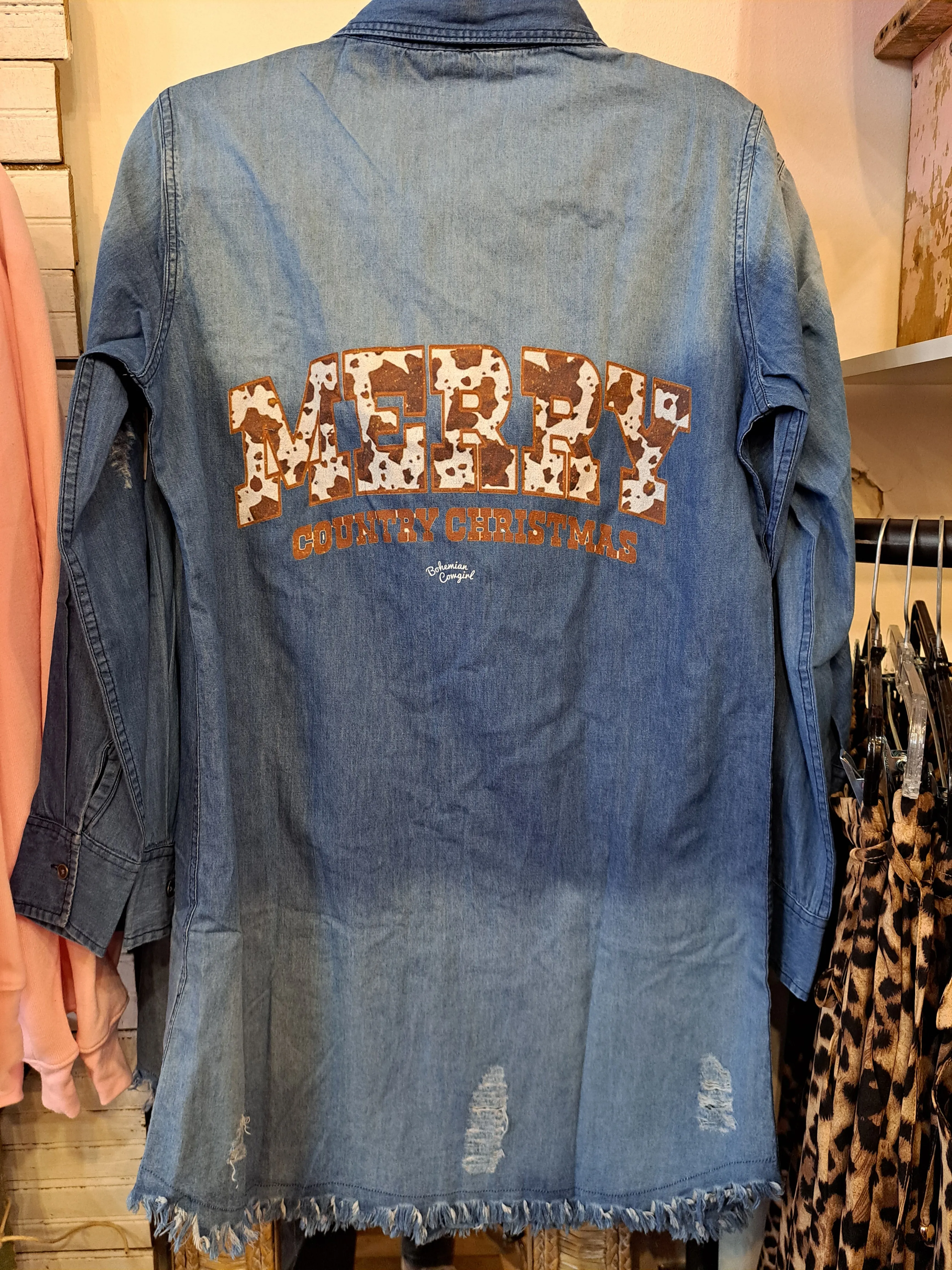 Distressed Denim Shirt Dress - Merry Country Christmas