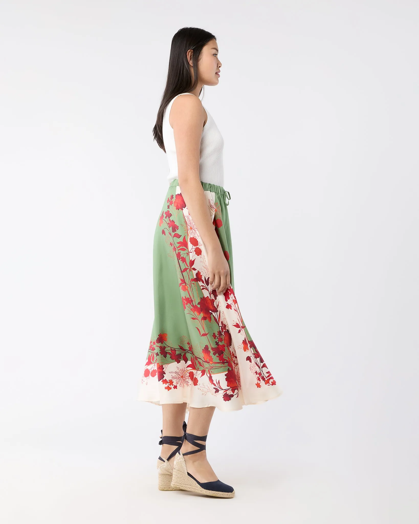 Drawstring Skirt in Woodland Placée Camouflage Silk Twill