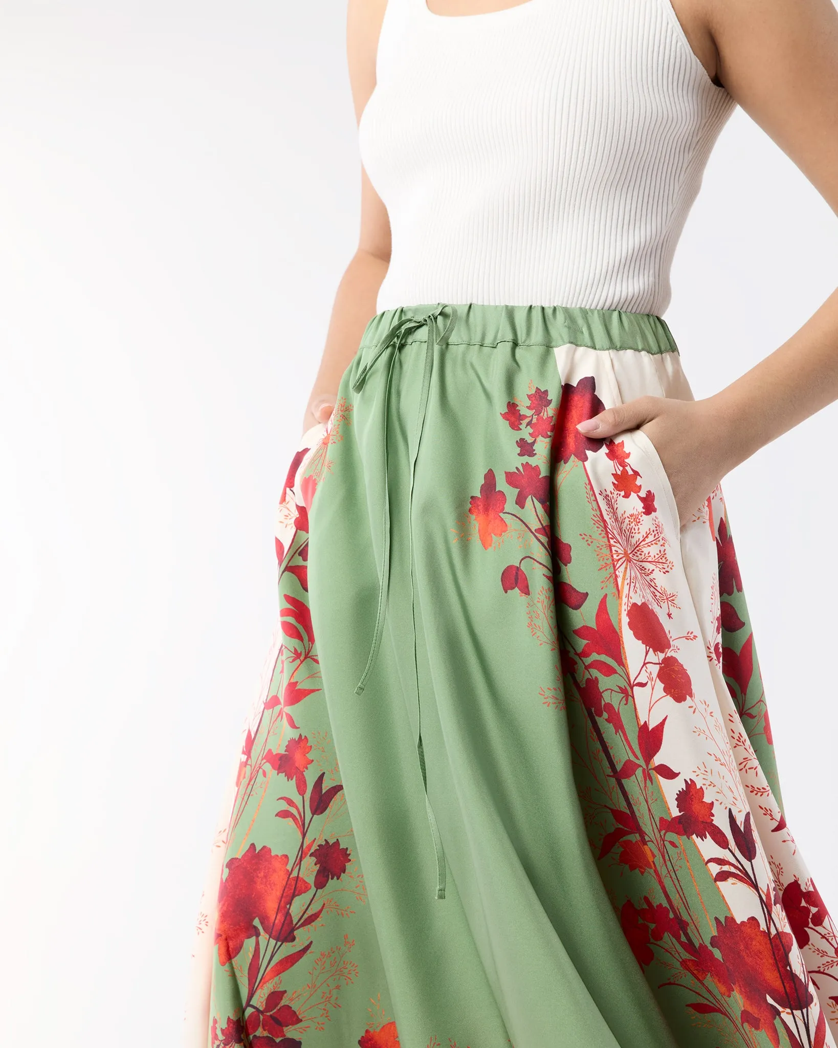 Drawstring Skirt in Woodland Placée Camouflage Silk Twill