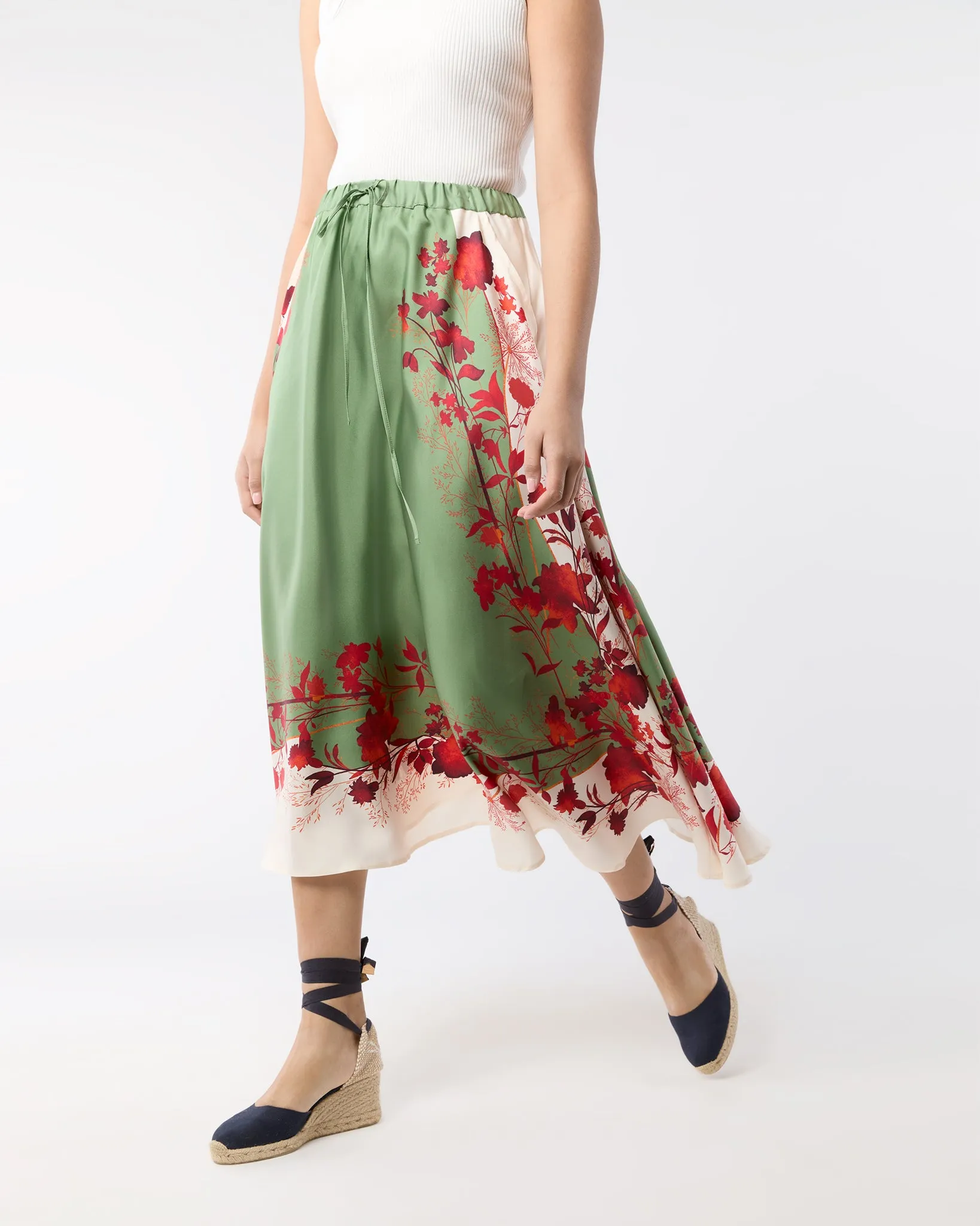 Drawstring Skirt in Woodland Placée Camouflage Silk Twill