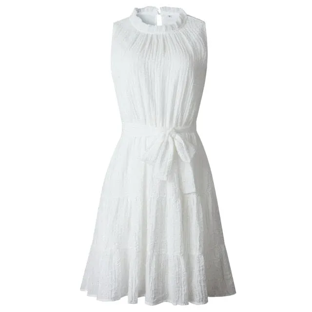 DressBetty - Sleeveless Sweet Pleated Pure Color Sashes Dress