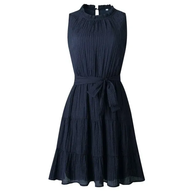DressBetty - Sleeveless Sweet Pleated Pure Color Sashes Dress