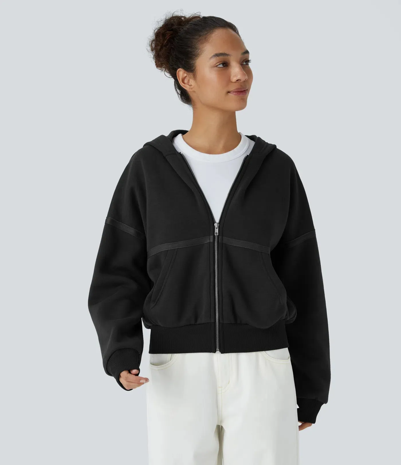 Dropped Shoulder Zipper Relaxed Hoodie