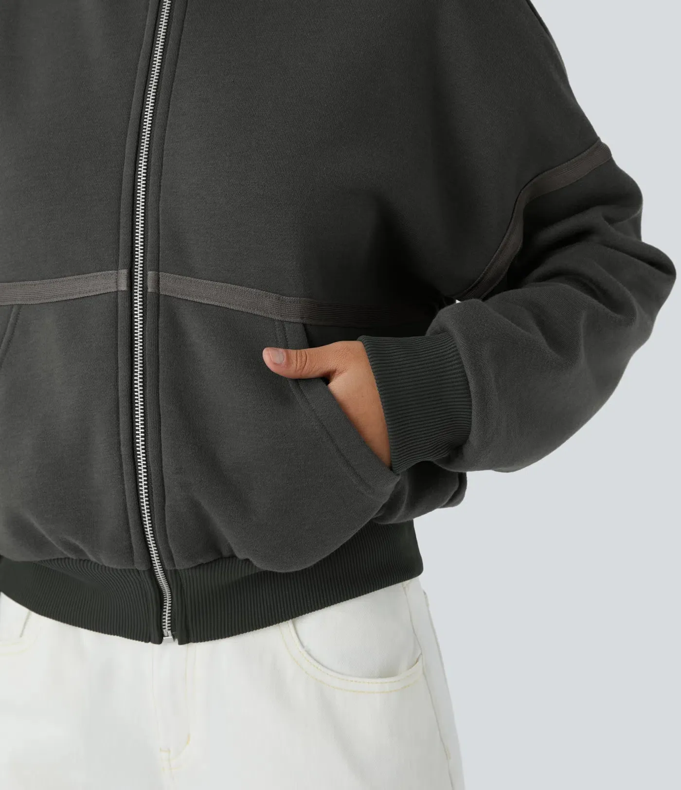Dropped Shoulder Zipper Relaxed Hoodie
