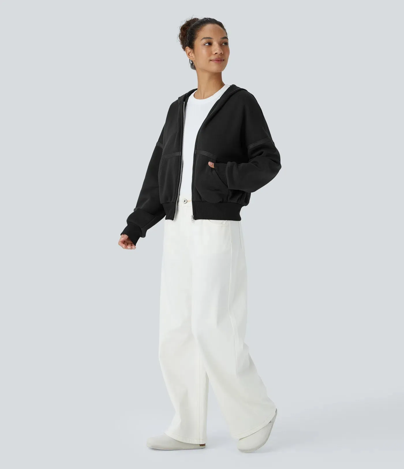 Dropped Shoulder Zipper Relaxed Hoodie