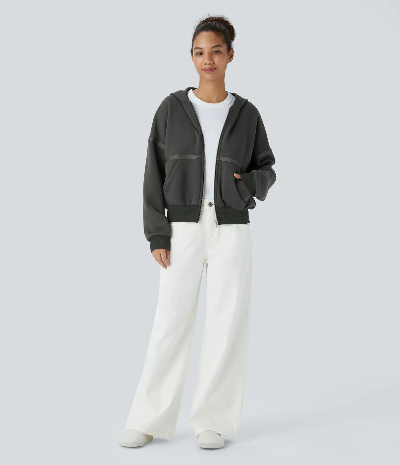 Dropped Shoulder Zipper Relaxed Hoodie