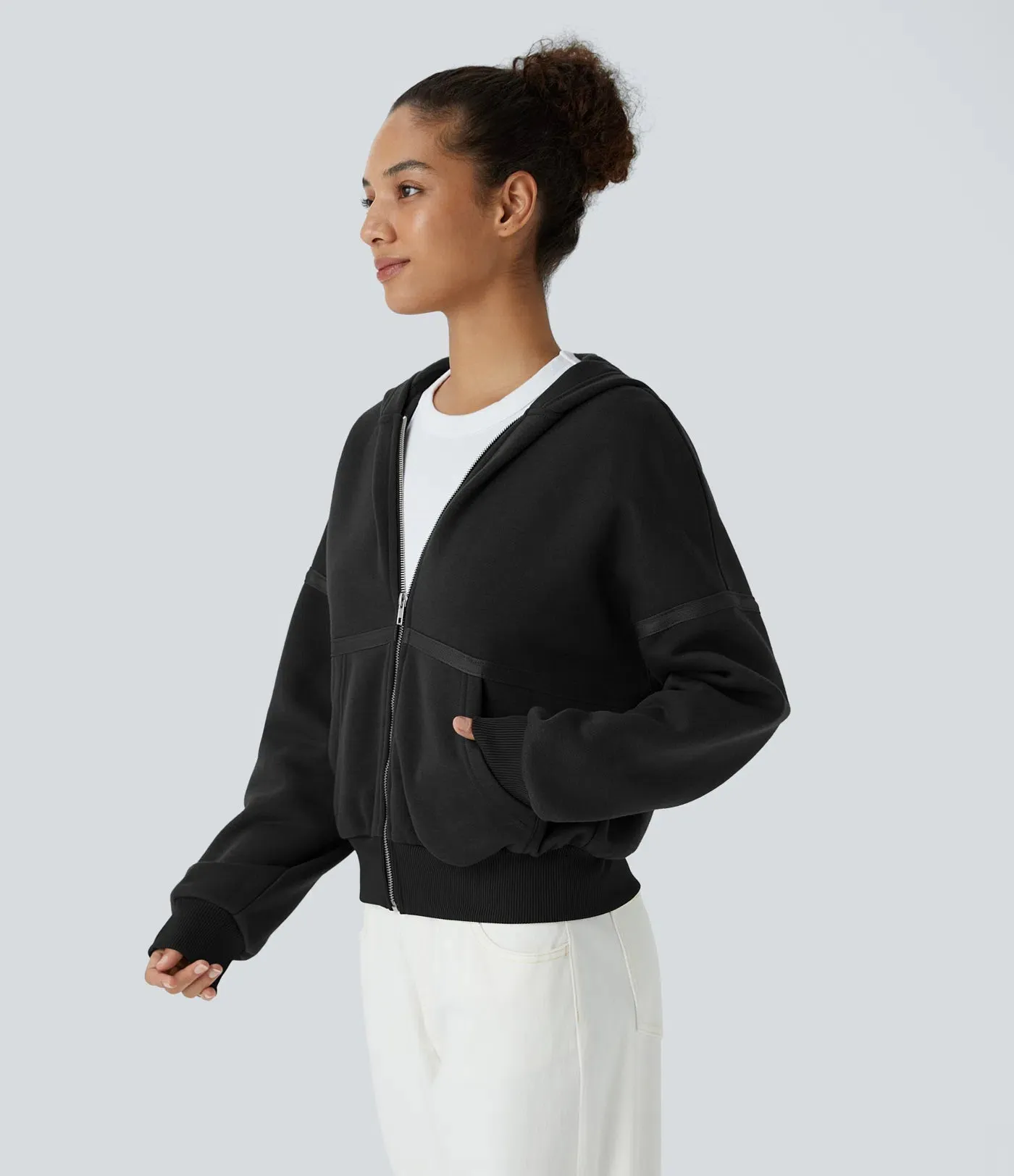 Dropped Shoulder Zipper Relaxed Hoodie