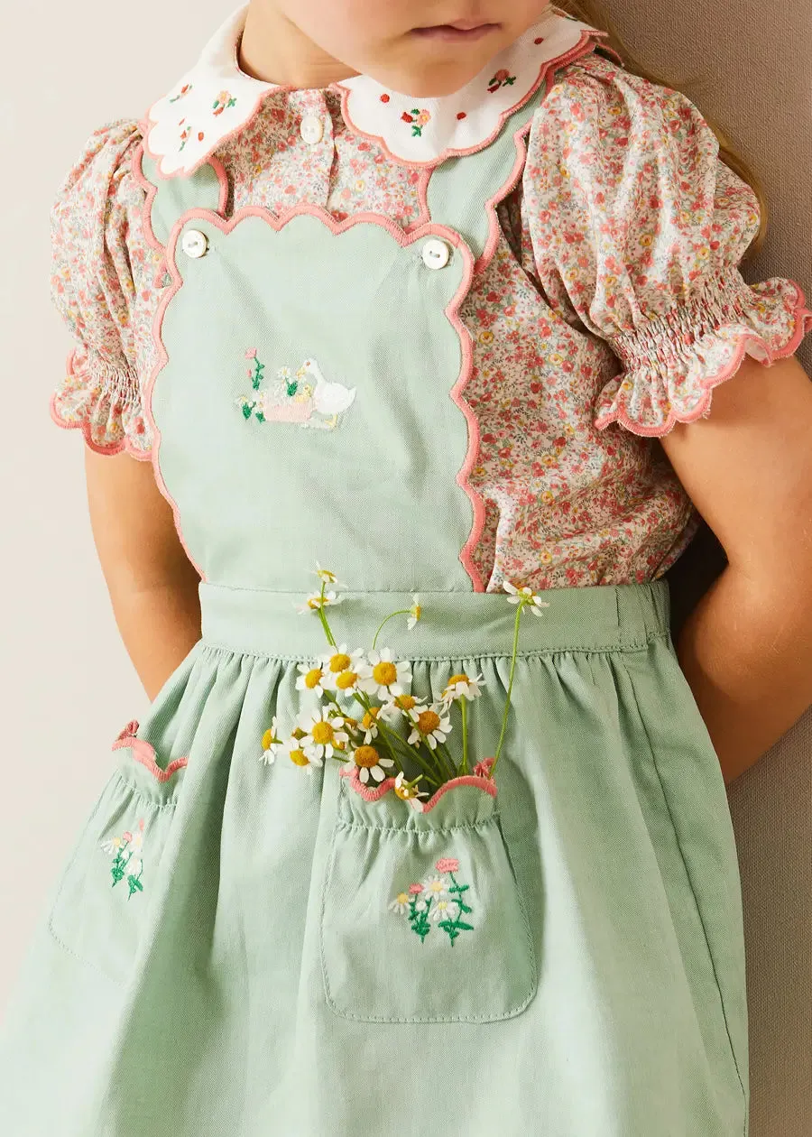 Duck Embroidered Scallop Detail Skirt With Braces in Green (18mths-6yrs)