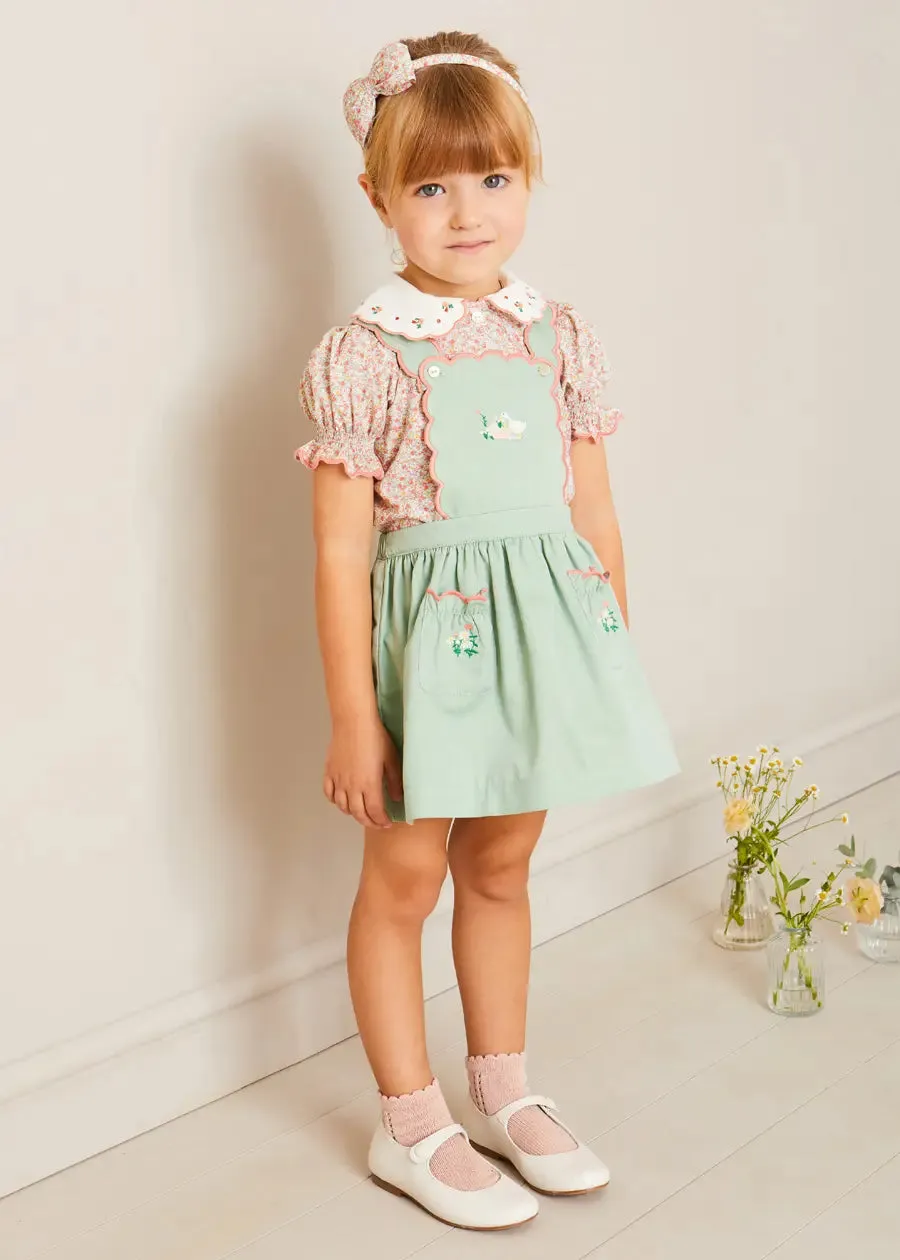 Duck Embroidered Scallop Detail Skirt With Braces in Green (18mths-6yrs)