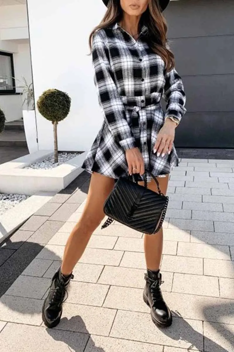Dunnmall Long Sleeve Plaid Shirt Mini Dress