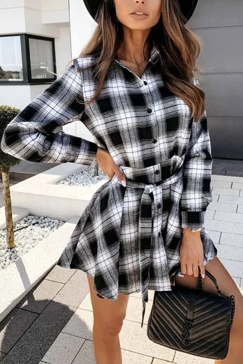 Dunnmall Long Sleeve Plaid Shirt Mini Dress