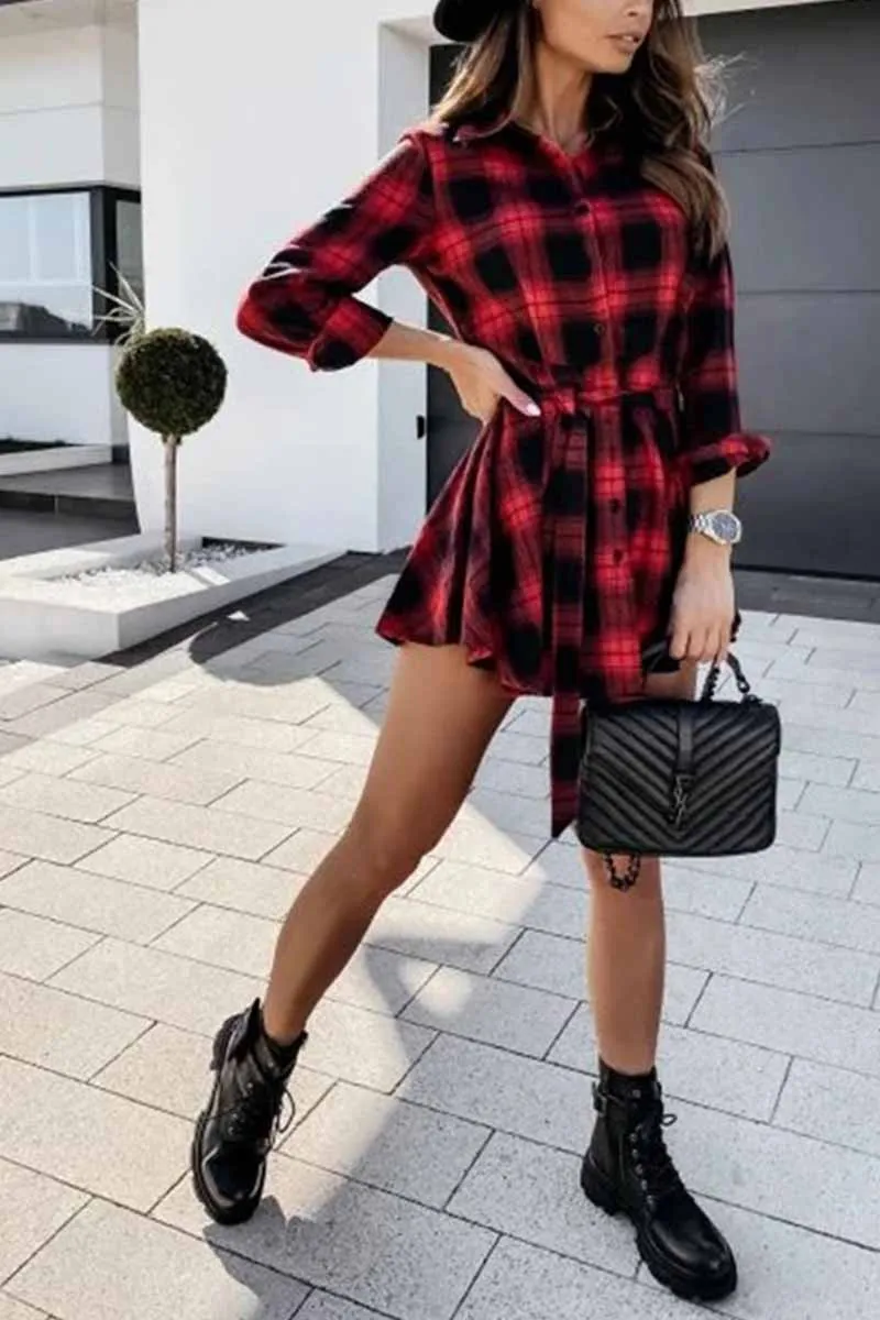 Dunnmall Long Sleeve Plaid Shirt Mini Dress