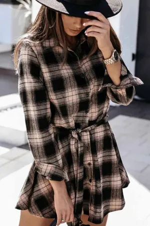 Dunnmall Long Sleeve Plaid Shirt Mini Dress