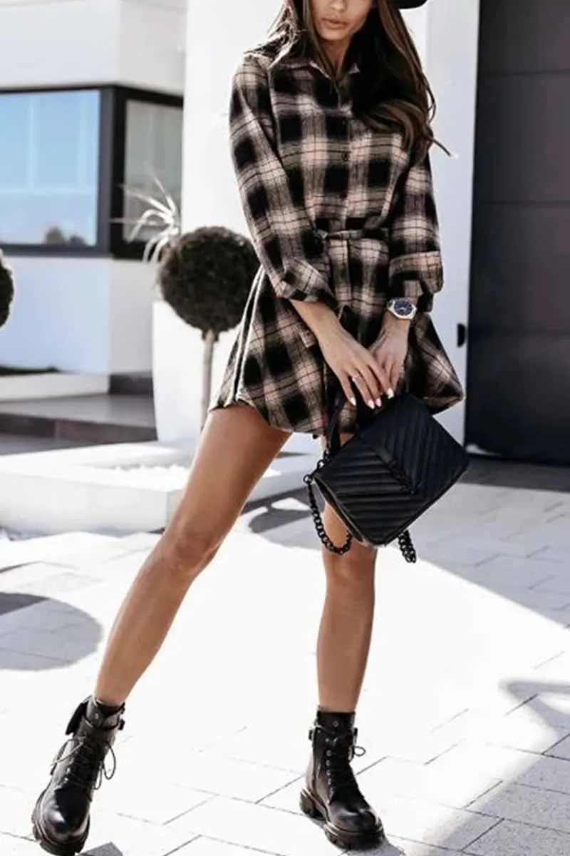 Dunnmall Long Sleeve Plaid Shirt Mini Dress