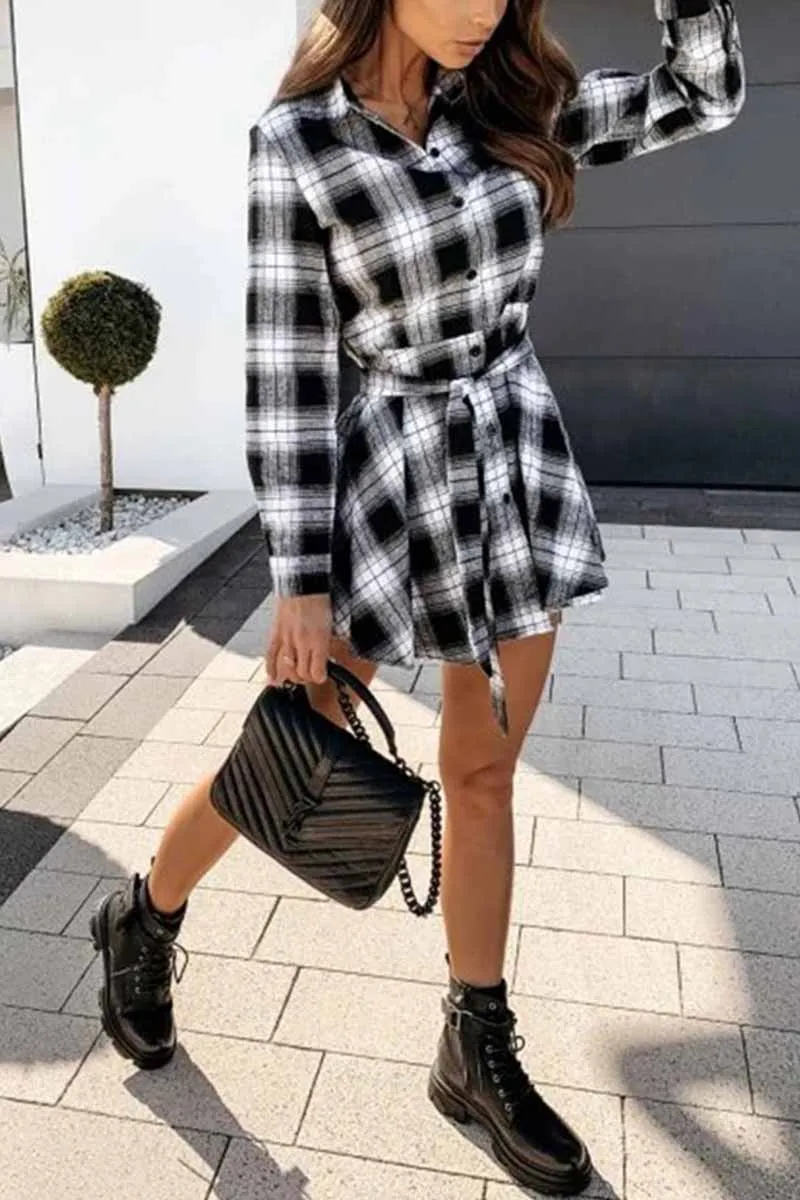 Dunnmall Long Sleeve Plaid Shirt Mini Dress