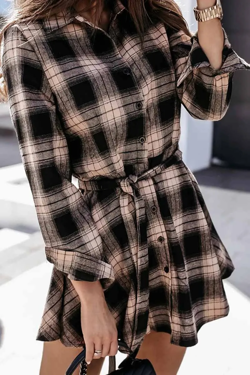 Dunnmall Long Sleeve Plaid Shirt Mini Dress