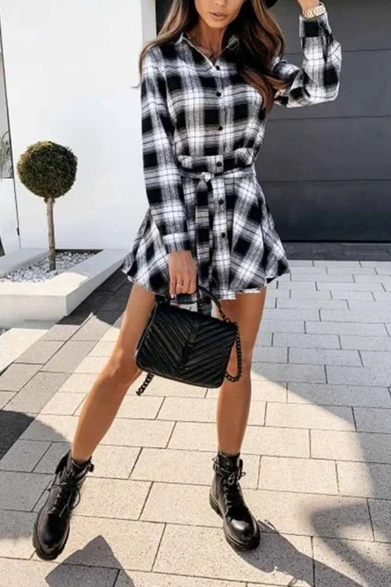 Dunnmall Long Sleeve Plaid Shirt Mini Dress