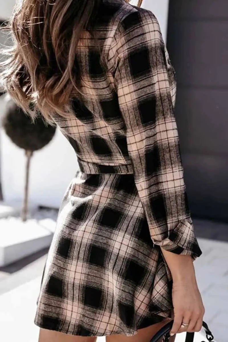 Dunnmall Long Sleeve Plaid Shirt Mini Dress
