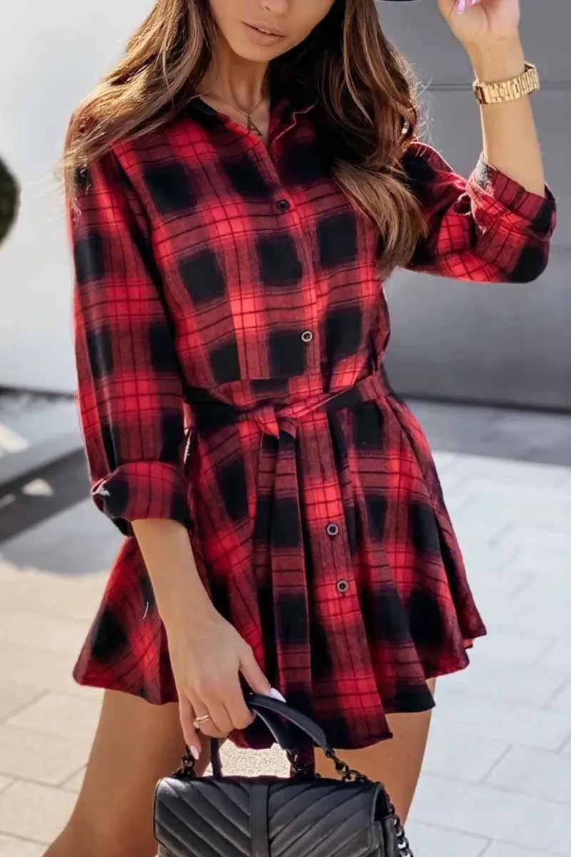 Dunnmall Long Sleeve Plaid Shirt Mini Dress