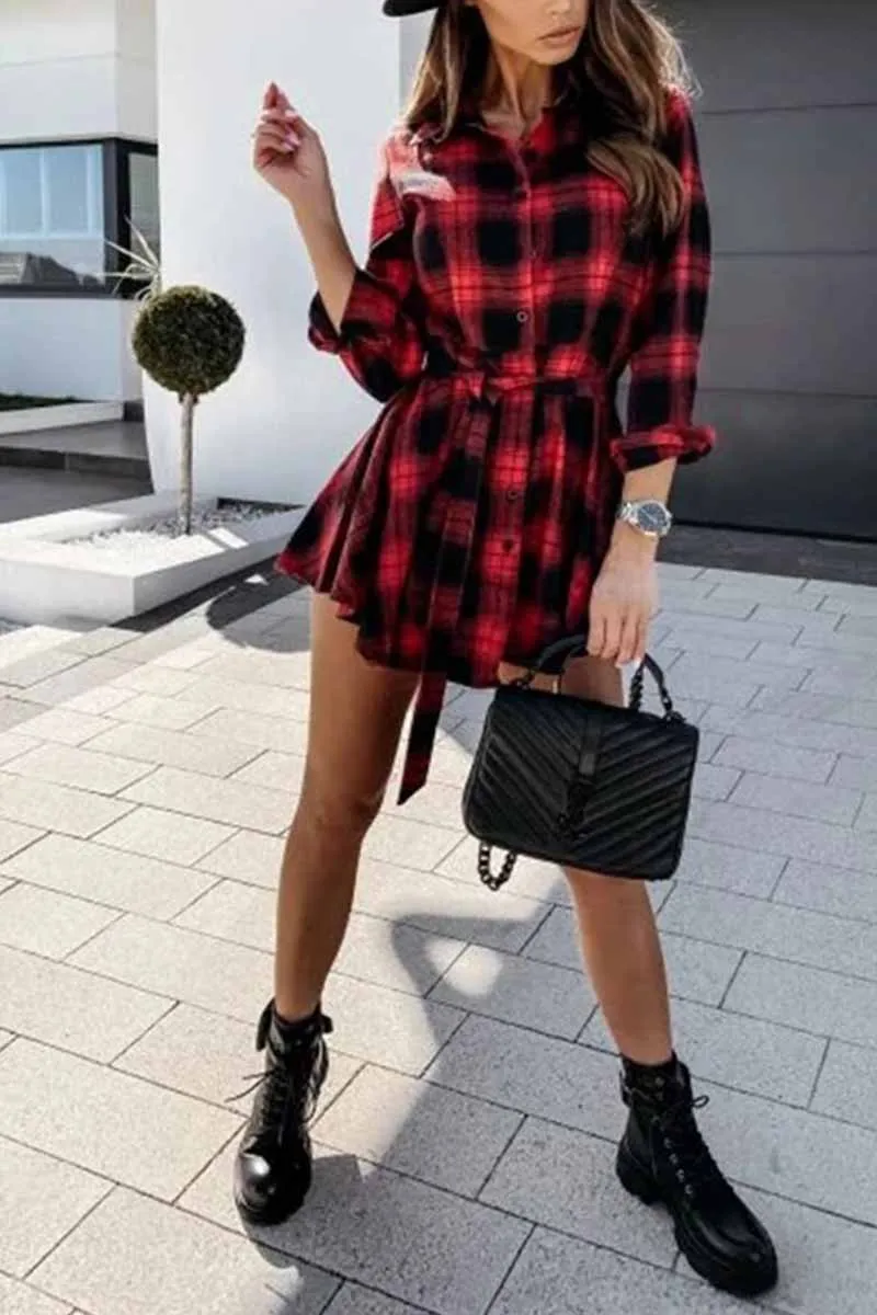 Dunnmall Long Sleeve Plaid Shirt Mini Dress