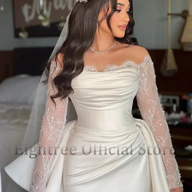 Eightree White Mermaid Wedding Dresses Formal Off The Shoulder Long Sleeve Bridal Dress Boho Beach Wedding Prom Gowns Customized