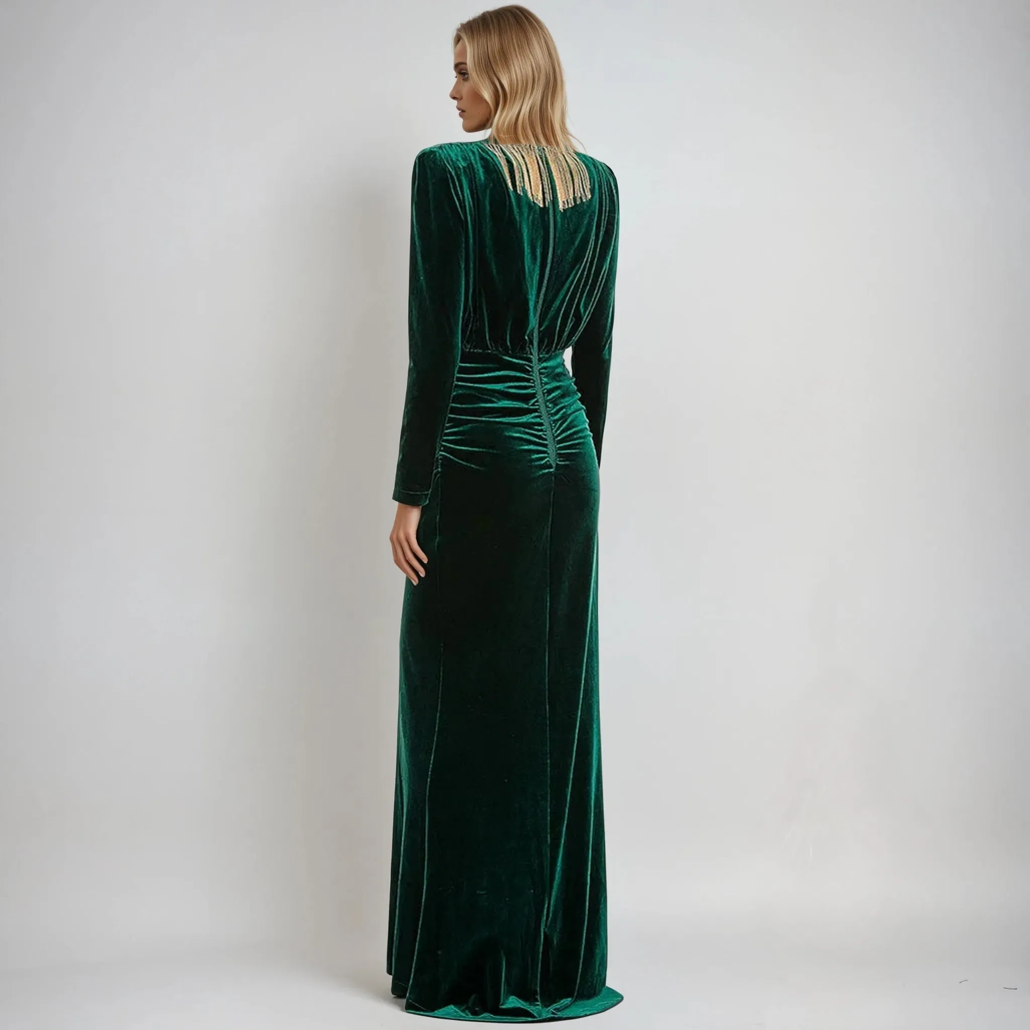 Elegant Emerald Green Velvet Maxi Evening Dress with Deep V and Chic Fringe Detail
