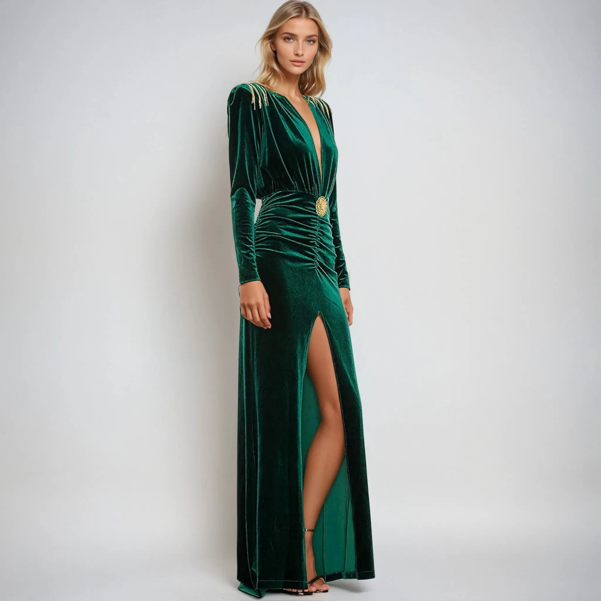 Elegant Emerald Green Velvet Maxi Evening Dress with Deep V and Chic Fringe Detail