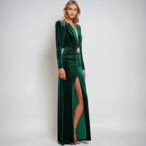 Elegant Emerald Green Velvet Maxi Evening Dress with Deep V and Chic Fringe Detail