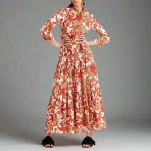 Elegant Printing A Line Dresses For Women Lapel Long Sleeve High Waist Spliced Folds Temperament Dress Female Fashion New