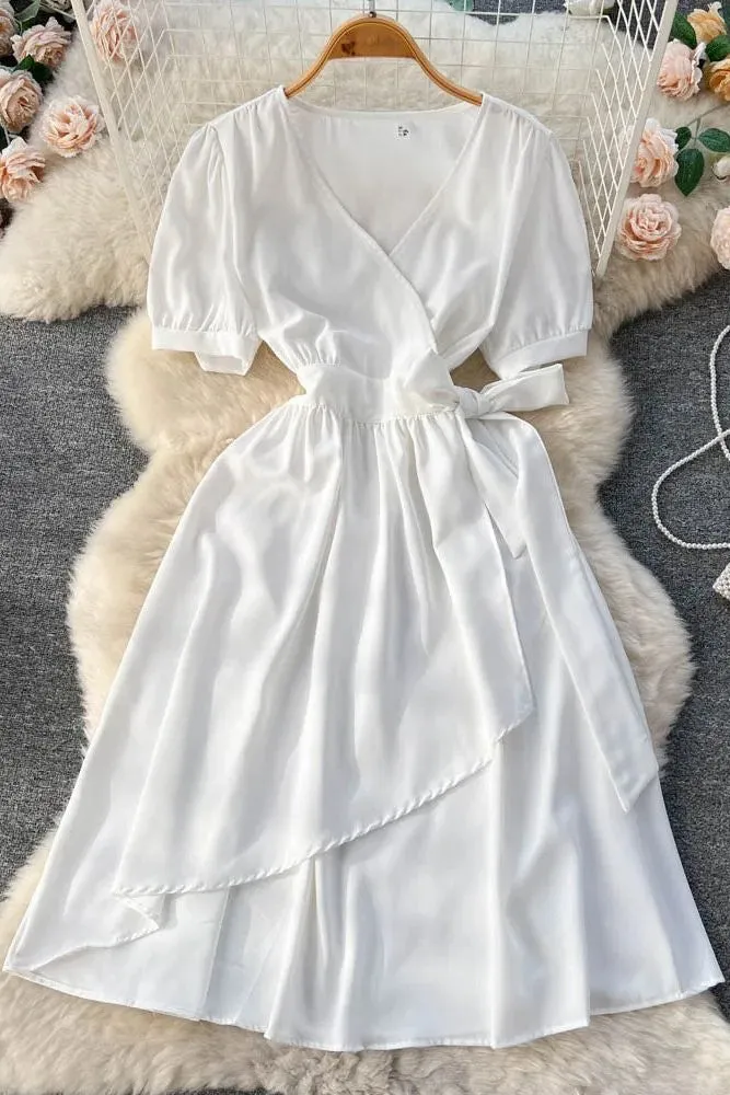 Elegant Puff Sleeve Lace-up Wrap Robe Femme Casual A-Line Long Dress