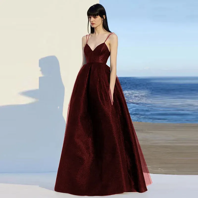 Elegant Spaghetti Strap Evening Guest Prom Long Party Dresses for Women