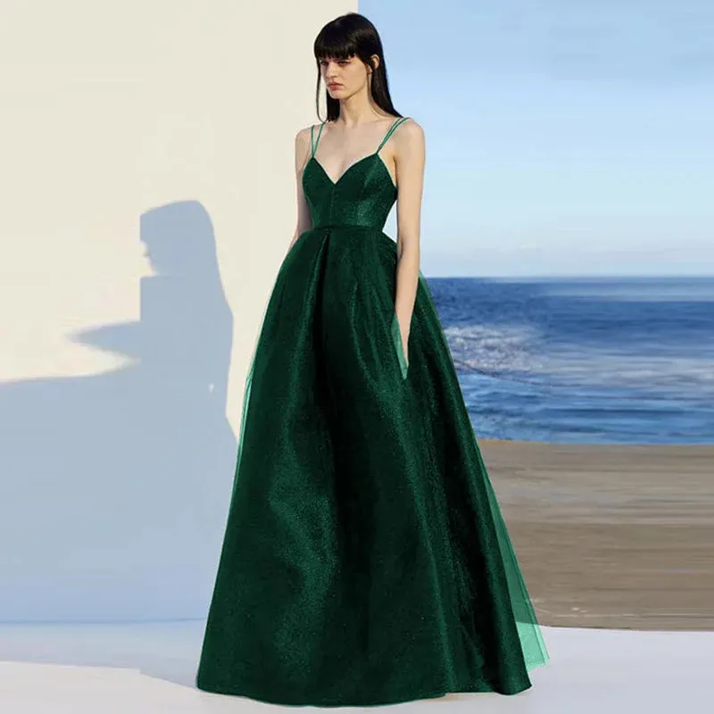 Elegant Spaghetti Strap Evening Guest Prom Long Party Dresses for Women