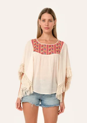 Embroidered Fringe Kimono Sleeve Poncho