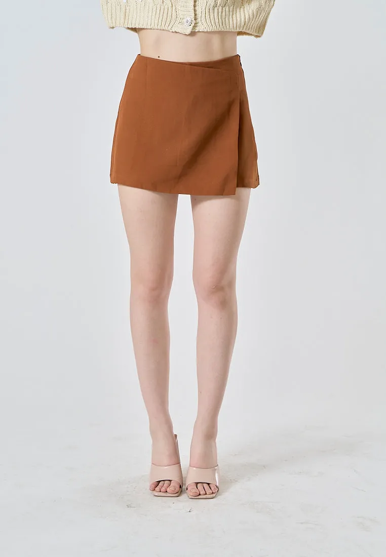 Emerie Caramel Brown Overlap Side Zipper Casual Mini Skort